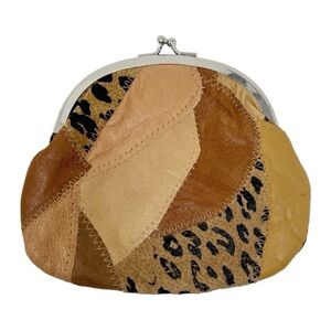 Vintage 80's Leather Patchwork Purse Kisslock Coin Wallet Suede Animal Print